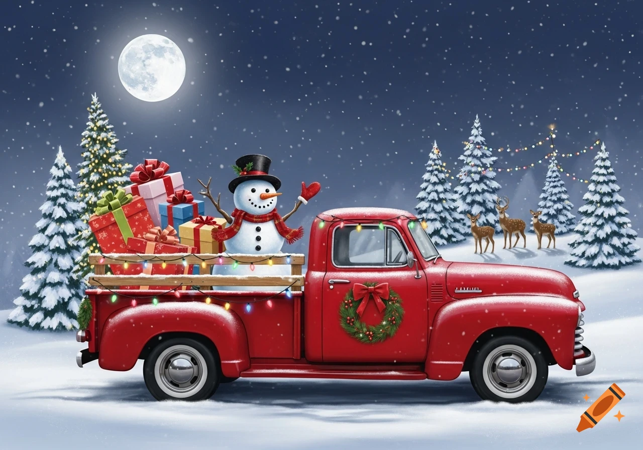 A festive red pickup truck, laden with a snowman and Christmas presents, drives through a snowy landscape under a full moon, with decorated trees and deer.