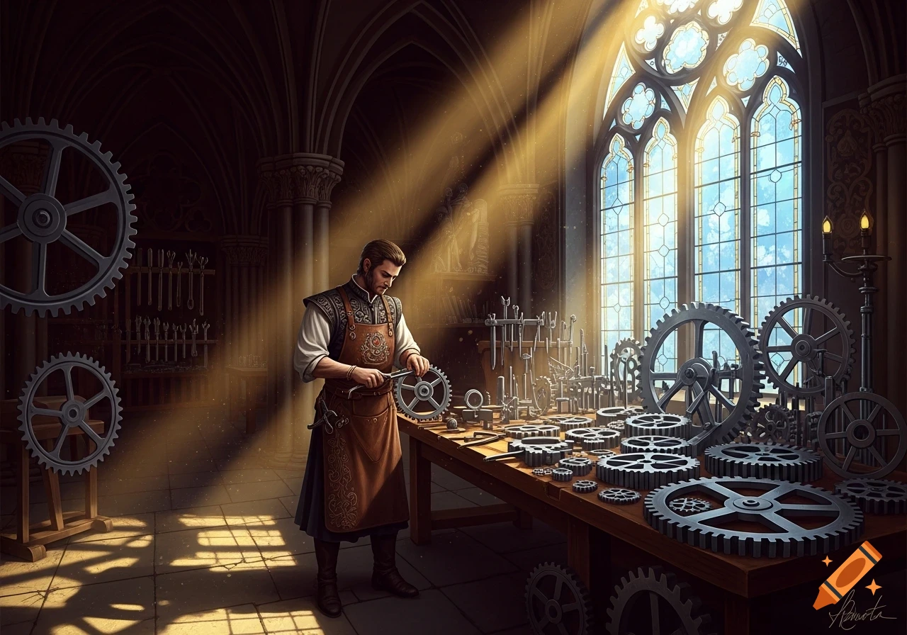 A gothic engineer in an apron assembles gears on a workbench, bathed in sunlight from a large stained glass window in a detailed workshop.