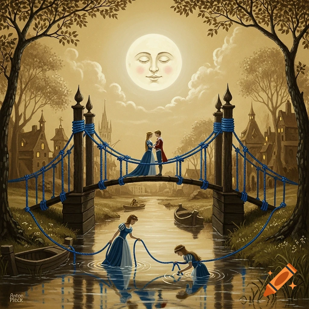 A whimsical painting of a prince and princess embracing on a rope bridge over a river, with a smiling moon and water nymphs below.