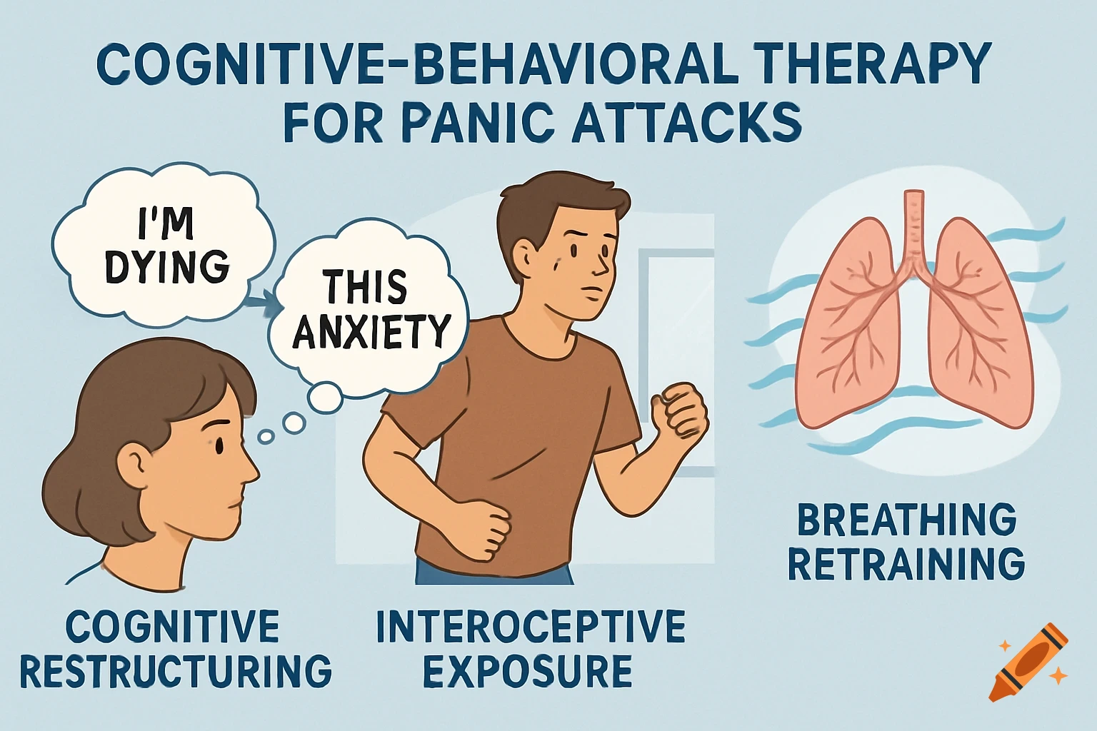 Illustration detailing cognitive-behavioral therapy for panic attacks, showing cognitive restructuring, interoceptive exposure, and breathing retraining with people and a lung diagram.