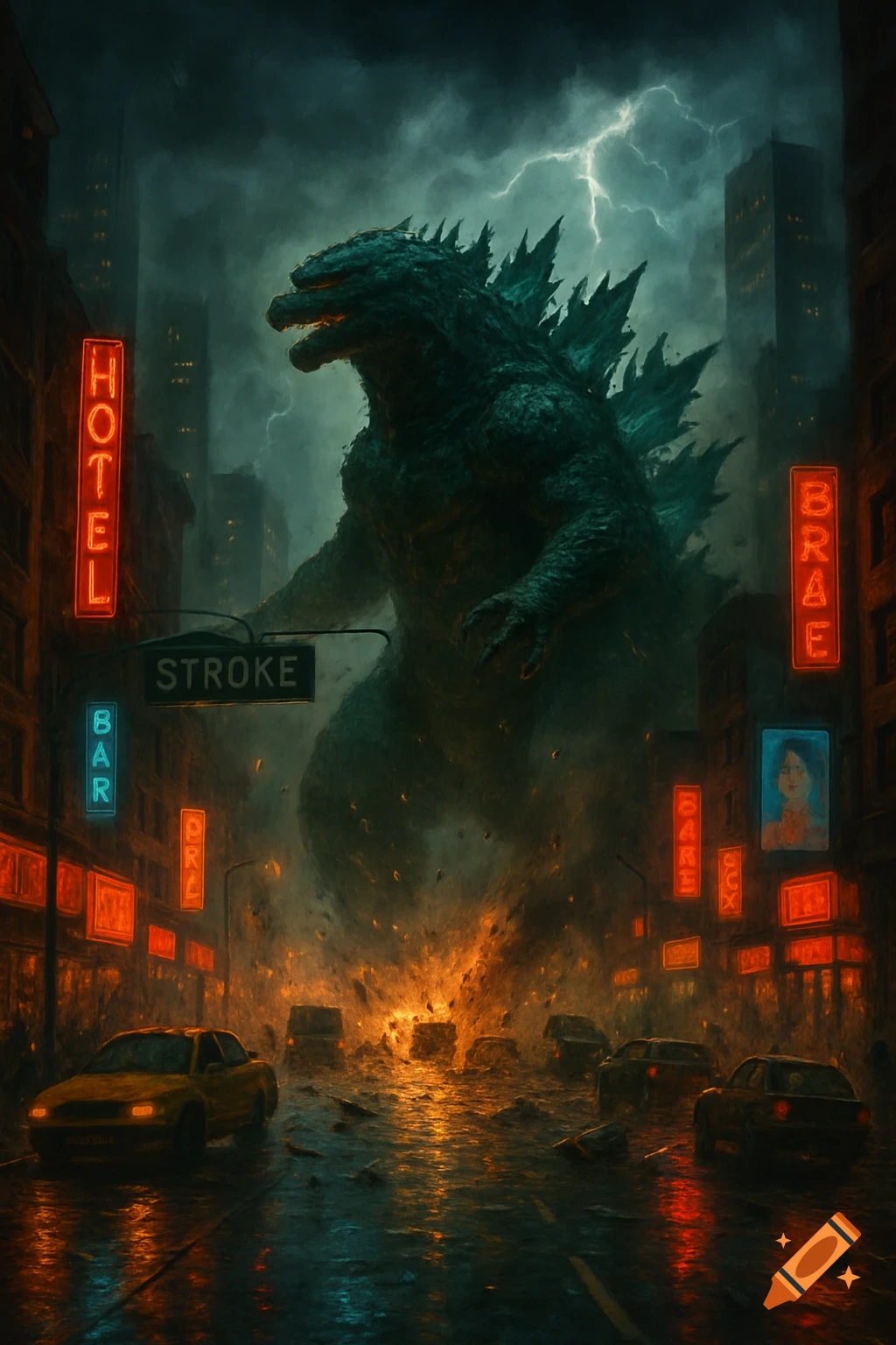 Godzilla, a huge reptilian monster, looms over a storm-darkened city street with neon signs and explosions.