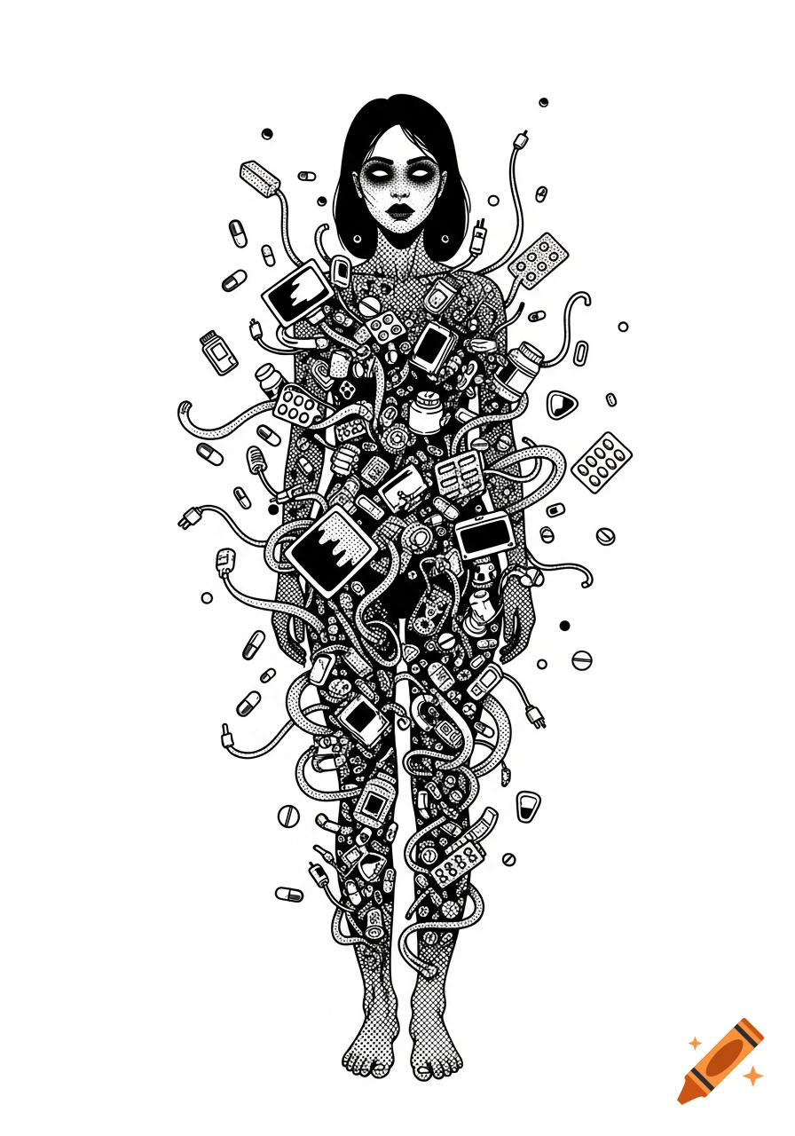 Black and white illustration of a female figure composed of pills, screens, and cables, with hollow eyes and halftone shading.