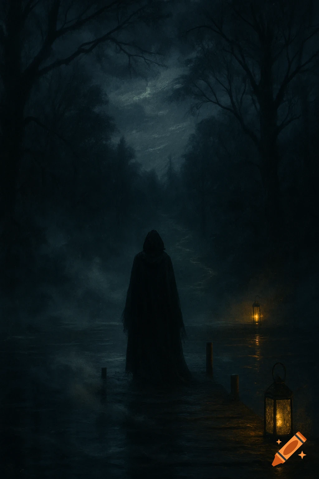 A cloaked figure stands on a dark, misty path lined with glowing lanterns under a moonlit, ominous sky.