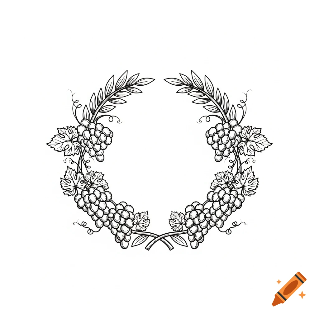 Symmetrical black and white vector illustration of a grape and vine wreath, elegant and clean-lined, on a white background.