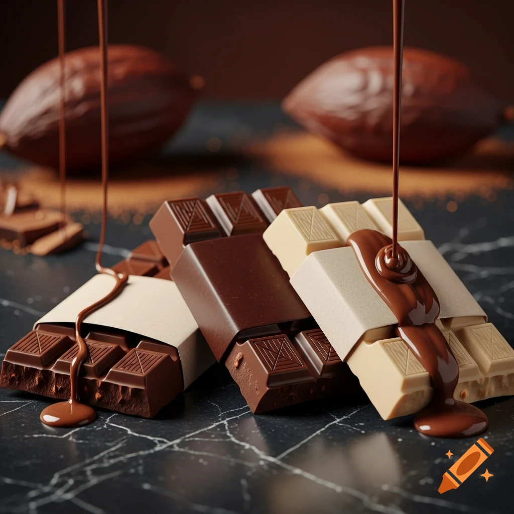 Photorealistic dark, milk, and white chocolate bars with chocolate sauce dripping, alongside cocoa pods on a marble surface.