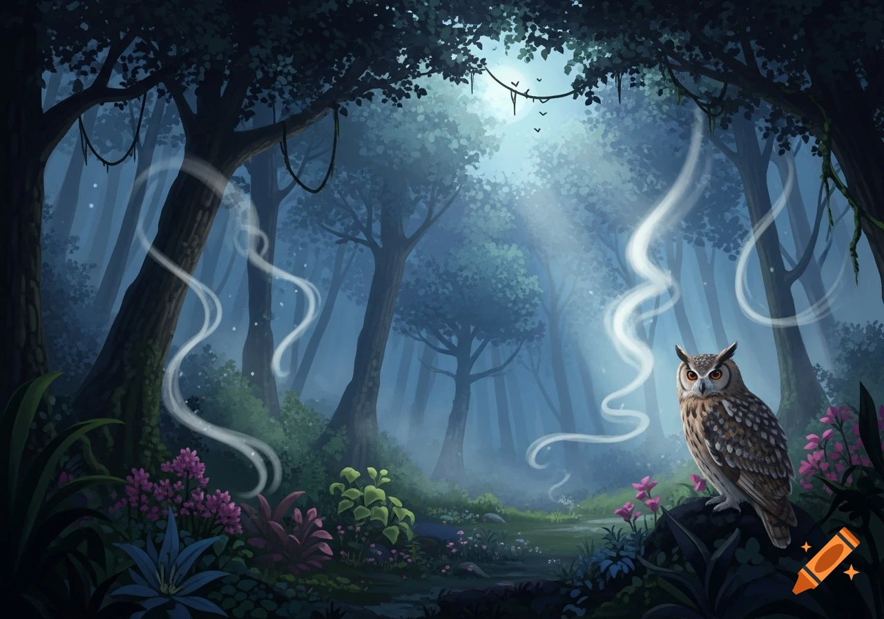 An illustrated owl sitting on a rock in a dark, mystical forest with glowing light rays and smoke.