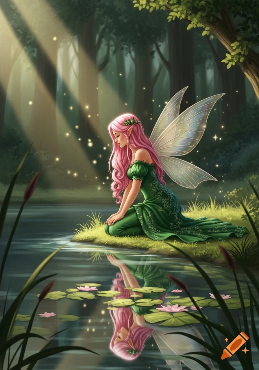 Pink-haired fairy in a green dress kneeling by a tranquil forest lake, with her reflection visible in the water.