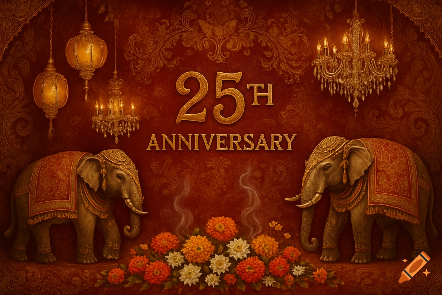 A richly decorated 25th anniversary image with two ornate elephants, chandeliers, flowers, and gold text on a red and gold background.