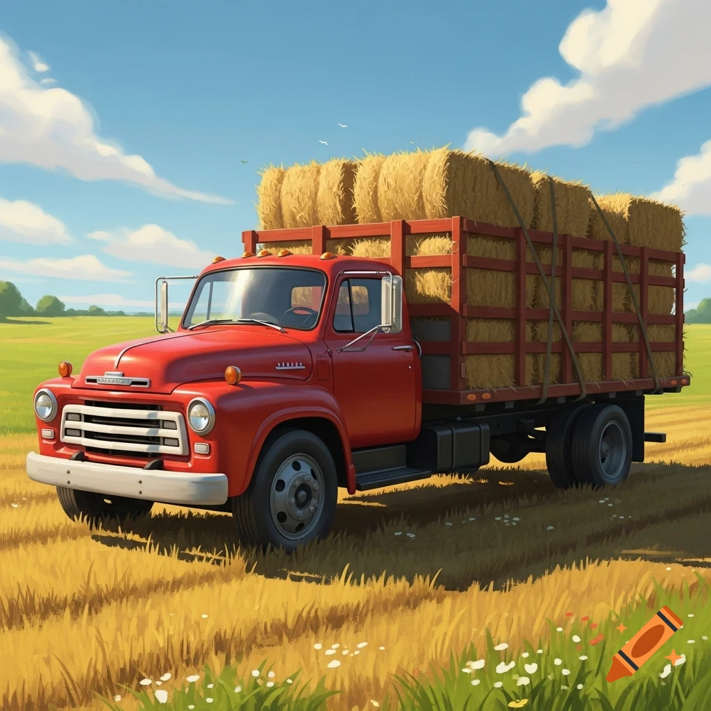 A vibrant red vintage farm truck with a bed full of hay bales, parked in a golden field under a blue sky, in an illustrative style.