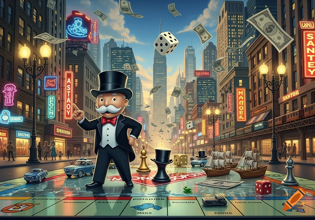 The Monopoly Man stands on a giant Monopoly board in a city street, surrounded by falling money, oversized dice, and game pieces, with towering buildings and neon signs in the background.