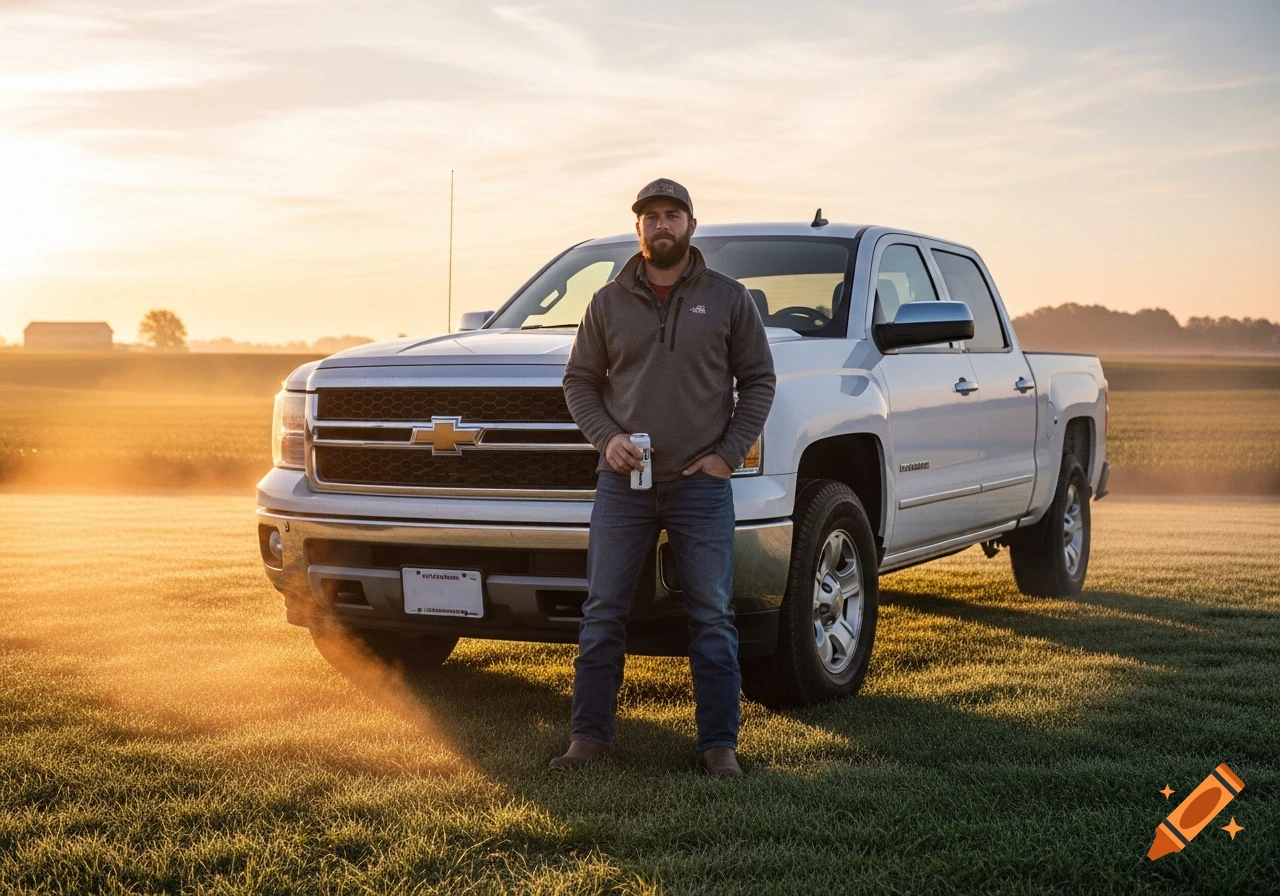 A man with a beard and baseball cap stands in front of a white pickup truck in a grassy field at dawn, holding a white can.