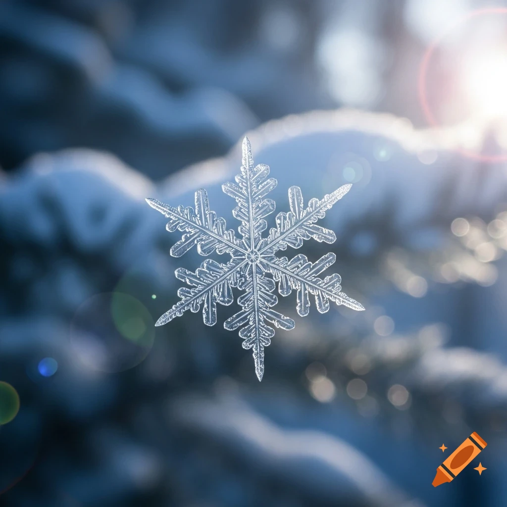 A detailed macro shot of a single crystalline snowflake against a blurred blue winter background with sun flares.