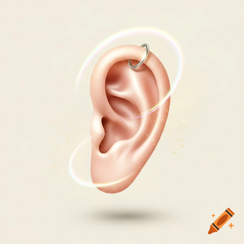 A stylized, human ear with a silver hoop piercing, glowing with iridescent light, on a light background.