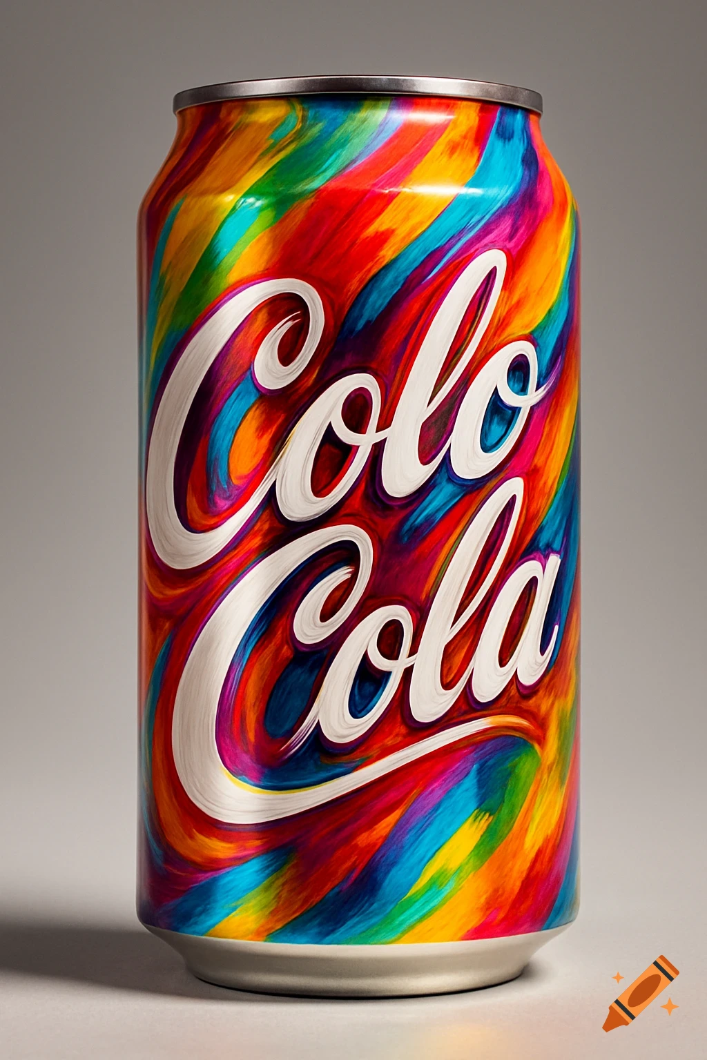 A vibrant, colorful soda can labeled 'Colo Cola' with elegant white script, featuring a rainbow brushstroke design on a grey background.