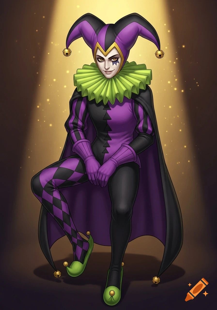 A character in a vibrant purple and black jester costume with a green ruffled collar and pointed hat, sitting under a spotlight.