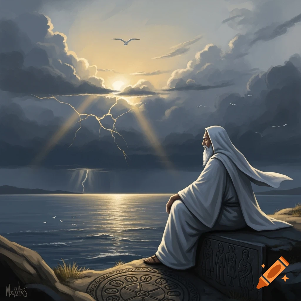 Digital painting of an old man in white robes on a cliff, looking at a stormy sea with sunbeams and lightning.