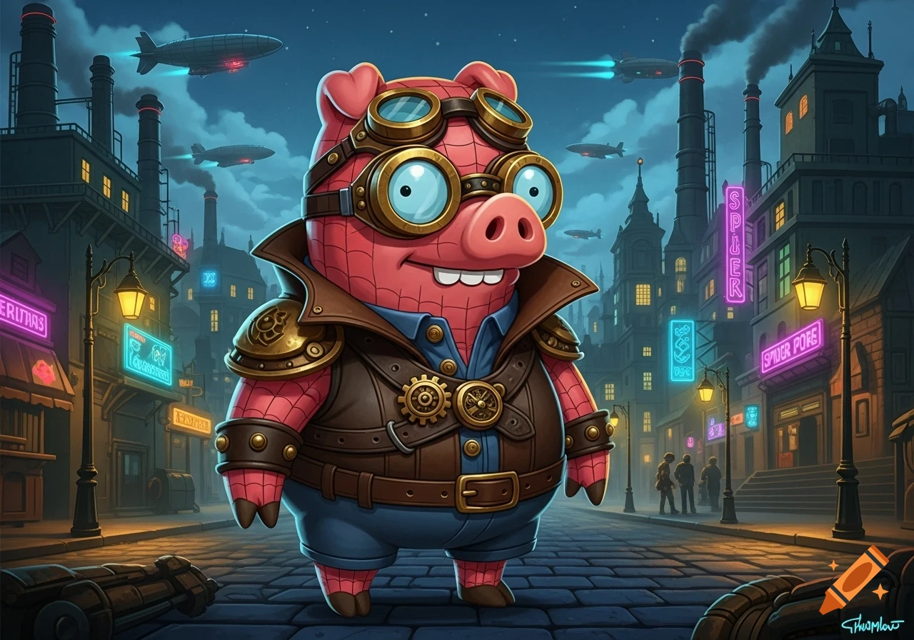 A smiling cartoon pig in steampunk goggles and leather armor stands on a cobblestone street in a cyberpunk city at night, with airships and neon signs.
