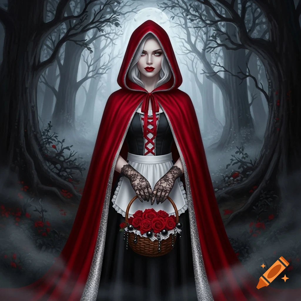 A pale woman in a red hooded cloak and black dress holds a basket of red roses, standing in a dark, misty forest.