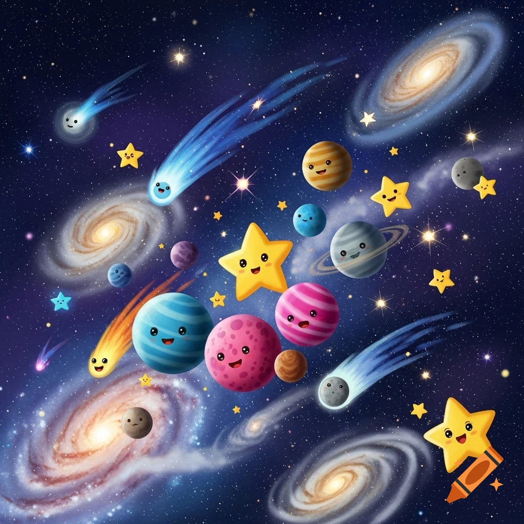 A vibrant, cute cartoon space scene with smiling planets, stars, and comets against a dark blue galaxy backdrop.