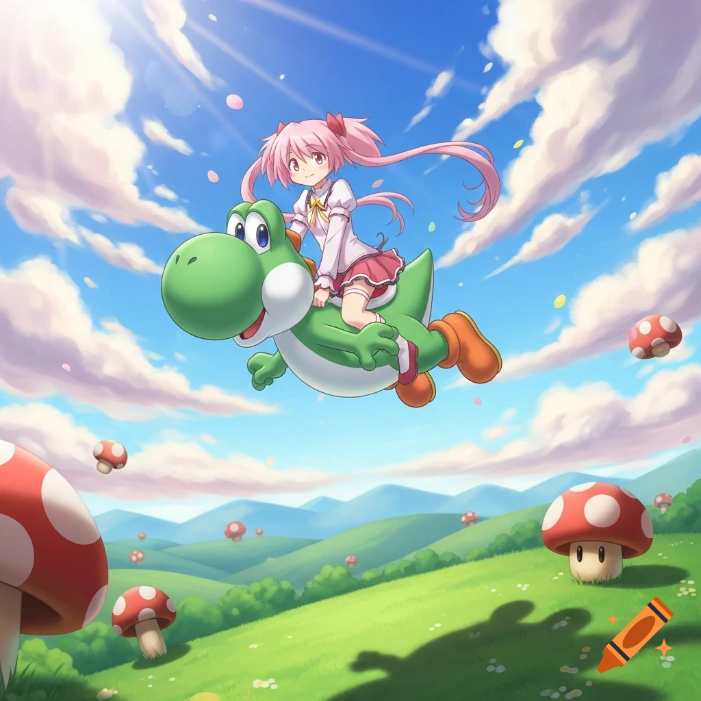 Anime girl Madoka Kaname flying on a green Yoshi over rolling hills with Mario mushrooms under a sunny, cloudy sky.