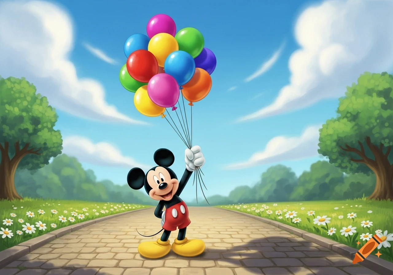 Mickey Mouse stands on a paved path in a park, happily holding a large bunch of colorful balloons under a blue sky.