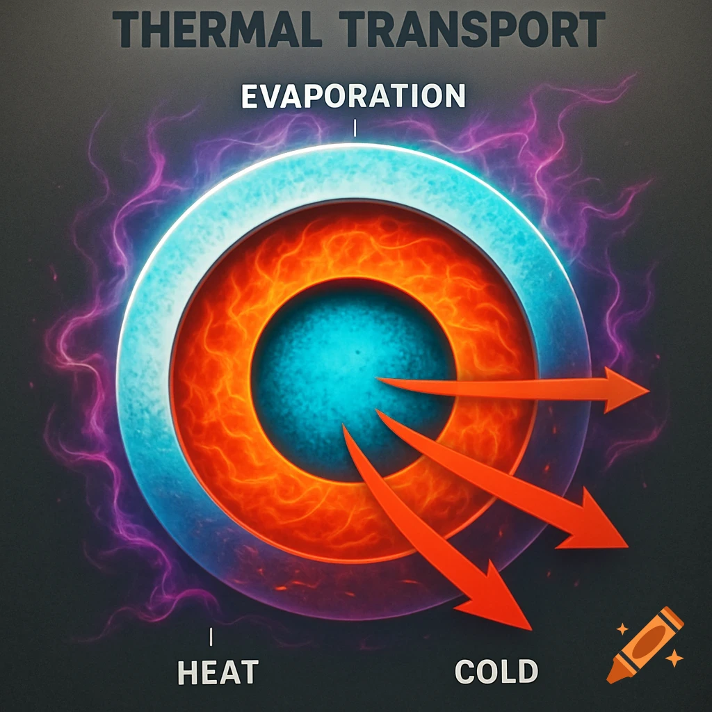 A scientific diagram illustrating thermal transport with concentric circles representing different states and processes, including evaporation, heat, and cold, with three red arrows showing inward flow.