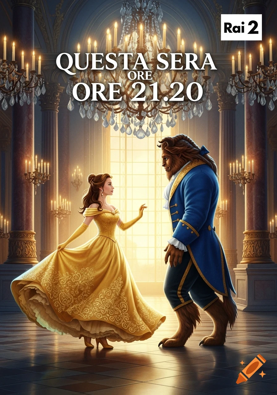 Belle in a yellow gown and the Beast in a blue suit in a grand ballroom with chandeliers. Text reads "QUESTA SERA ORE 21.20" and "Rai 2".