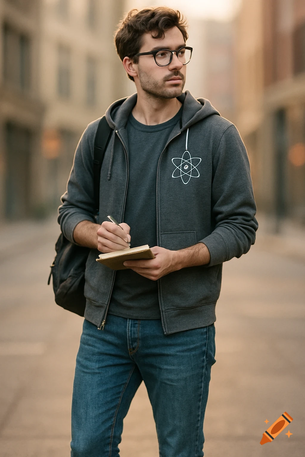A young man with glasses, wearing a grey hoodie with an atom logo and jeans, writes in a notebook outdoors.