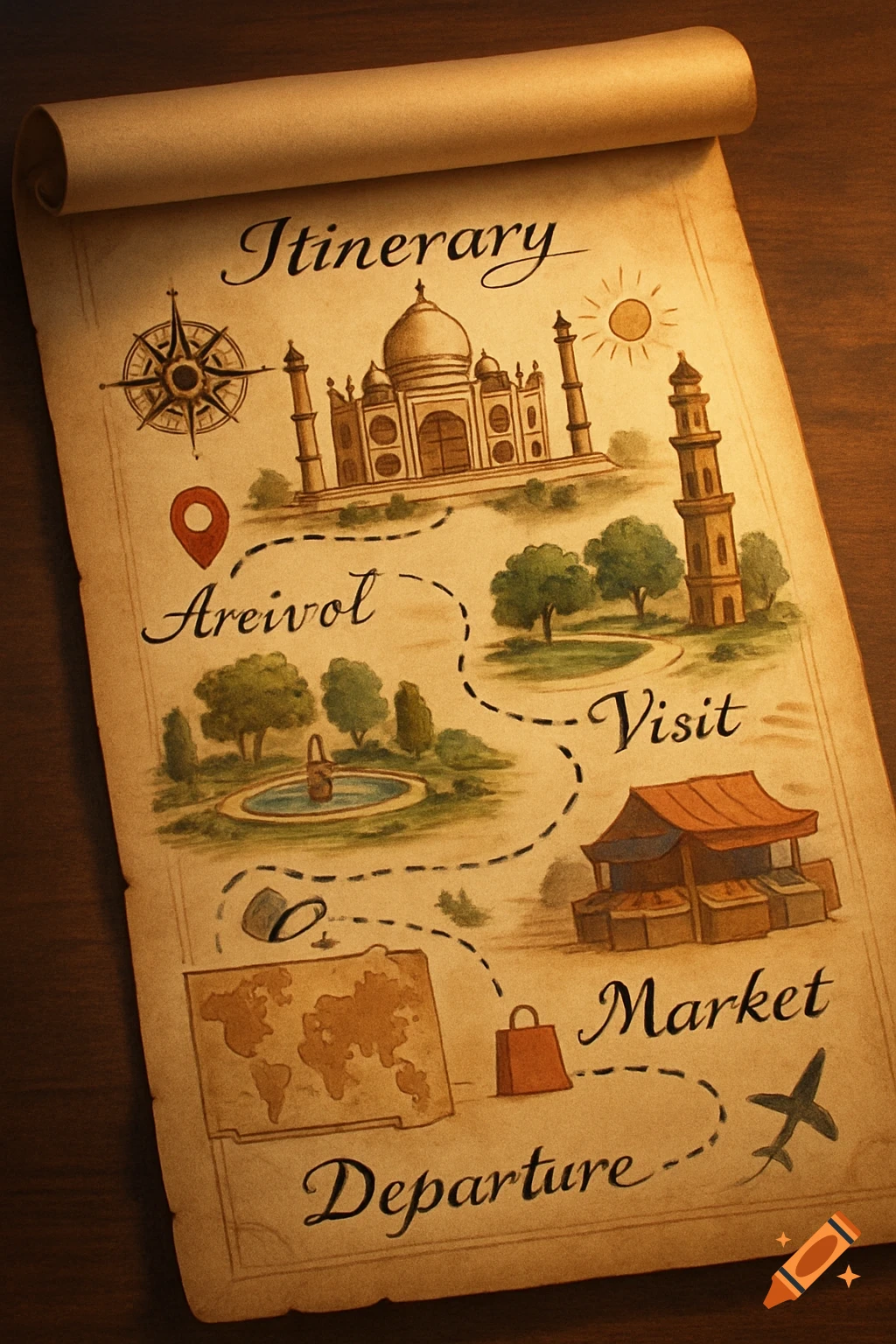 A stylized travel itinerary map on an unfurled parchment scroll, showing destinations like the Taj Mahal, a minaret, a market, and a fountain, connected by a dashed path. Text reads "Itinerary," "Areivol," "Visit," "Market," and "Departure."