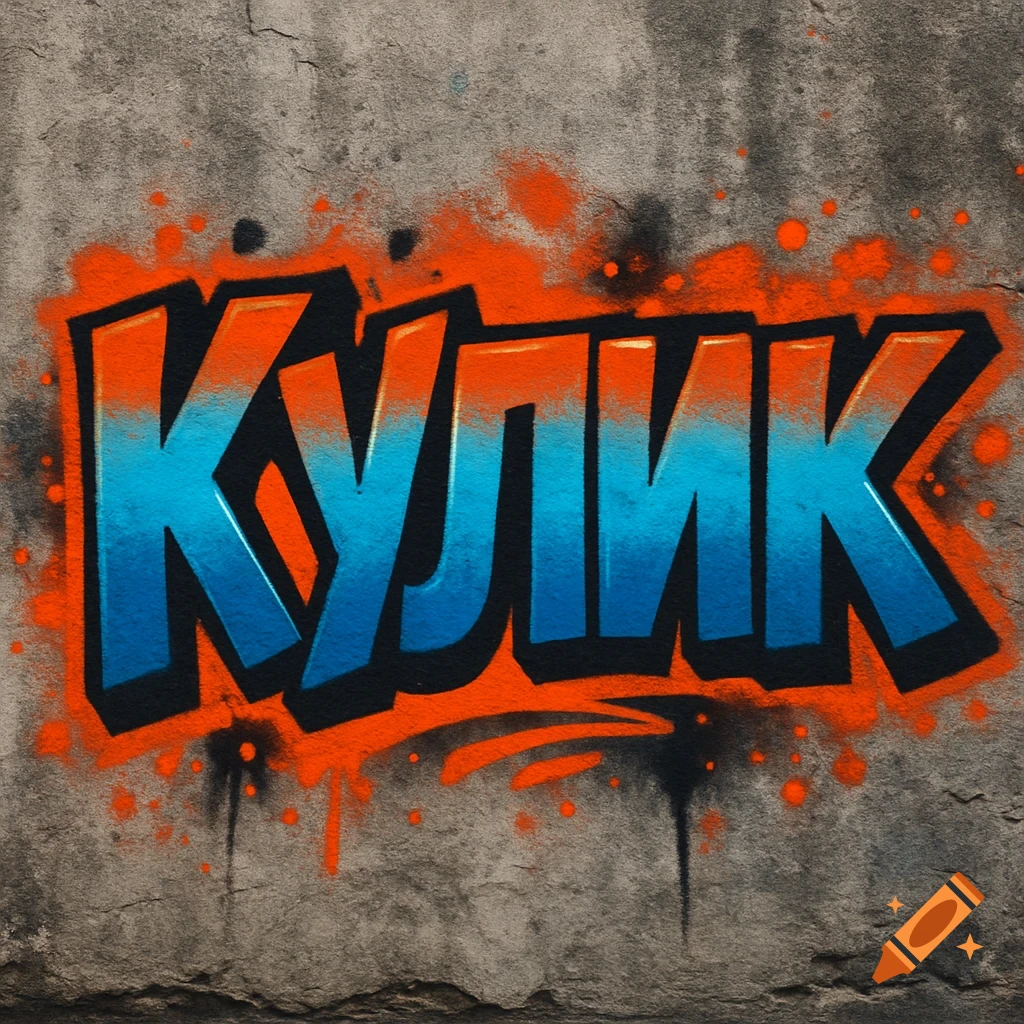 Graffiti of the name 'КУЛИК' in blue and orange letters with black outline and orange splatter on a textured concrete wall.