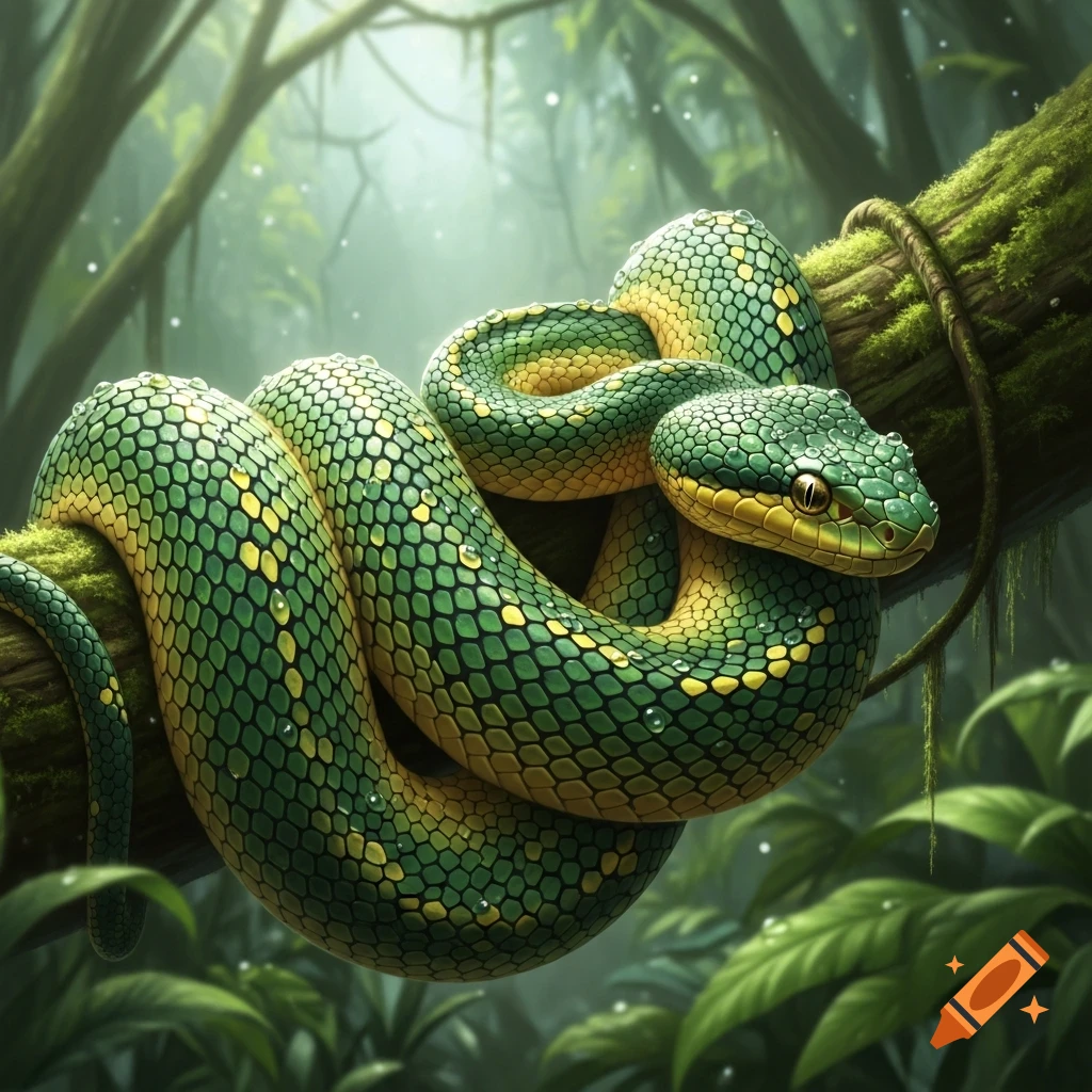 A vibrant green and yellow snake with water droplets coiled on a mossy branch in a lush, misty jungle.
