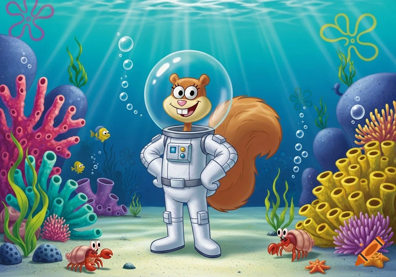 Smiling Sandy Cheeks in a white space suit stands underwater surrounded by colorful coral and marine life, cartoon.