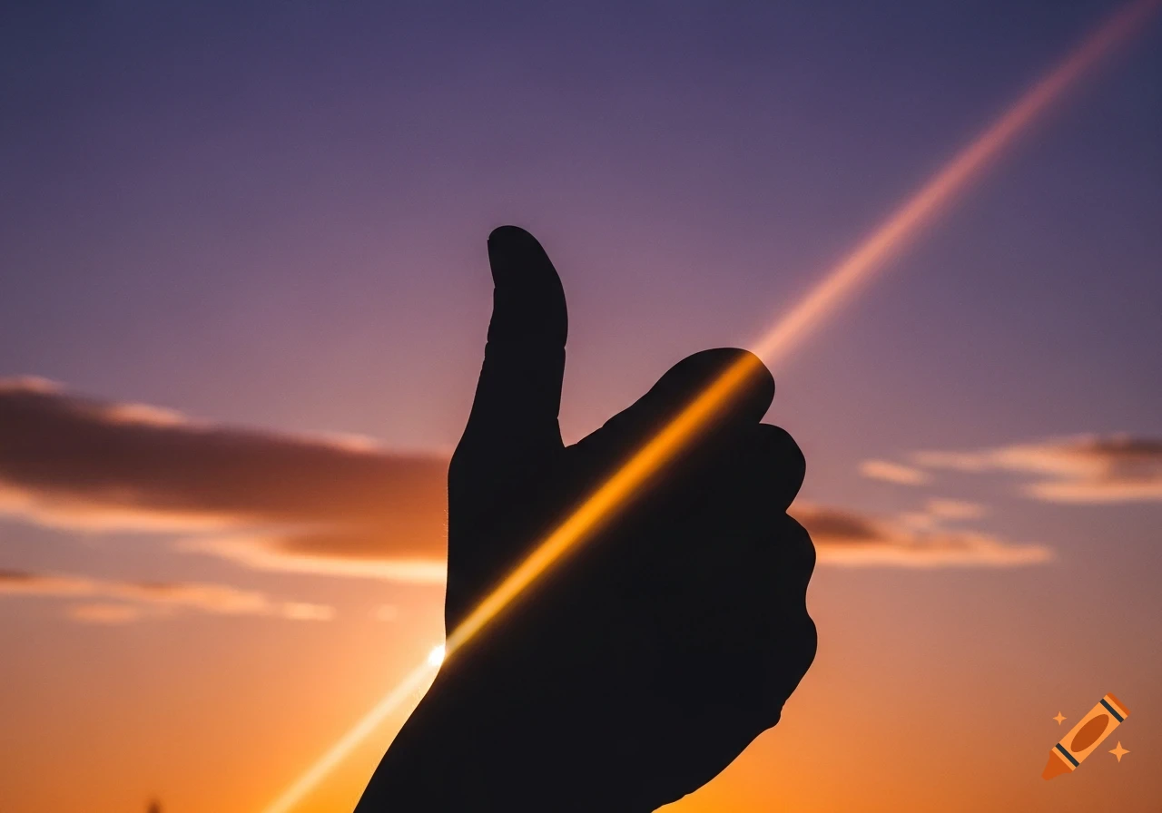A silhouette of a hand giving a thumbs-up against a vibrant orange and purple sunset sky, with a diagonal light beam passing through the hand.