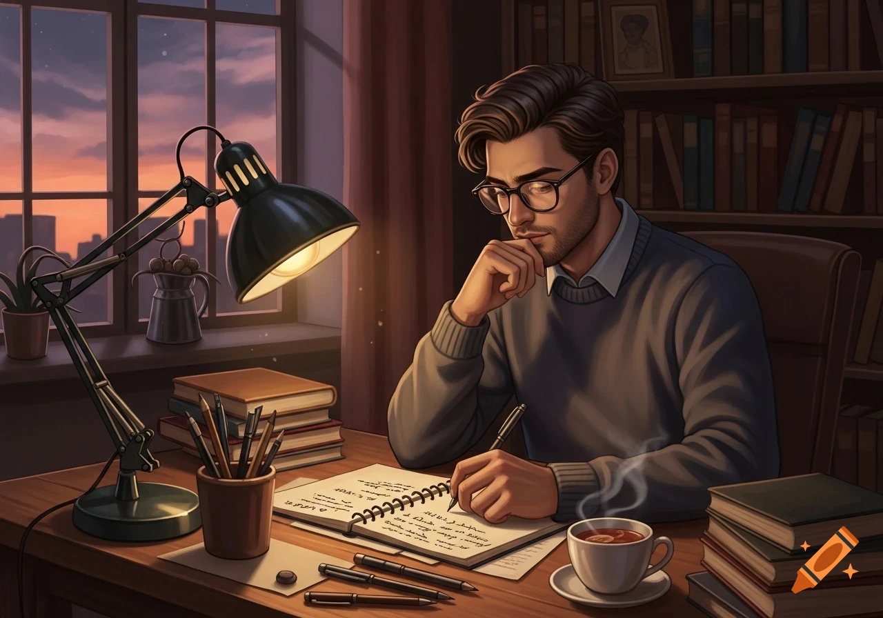 An illustrated man in glasses writes thoughtfully at a desk with a lamp, books, and a window view of a city sunset.