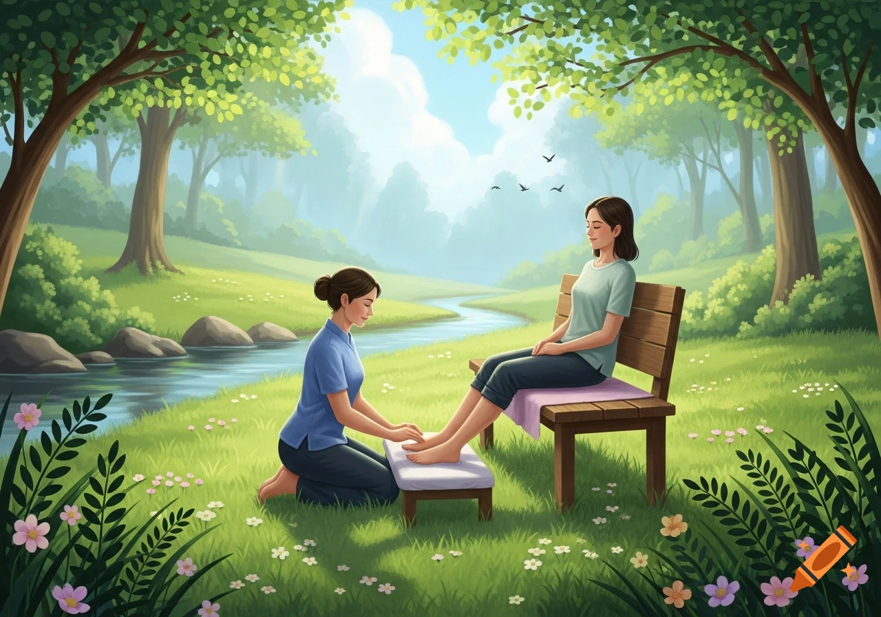 An illustration of one woman giving another a foot reflexology massage outdoors in a lush green park by a river.