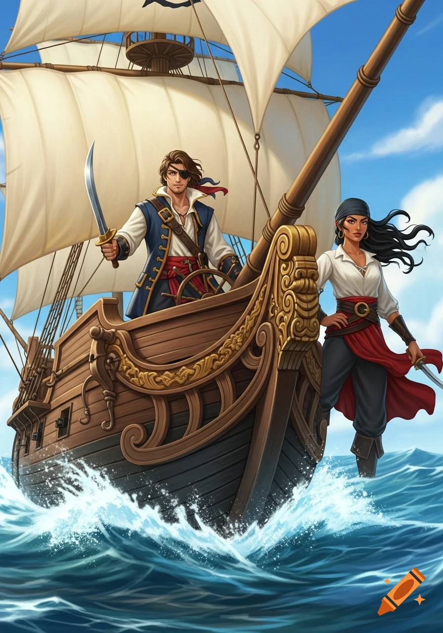 Stylized illustration of a male and female pirate with swords on a wooden ship with sails, navigating a blue sea under a sunny sky.