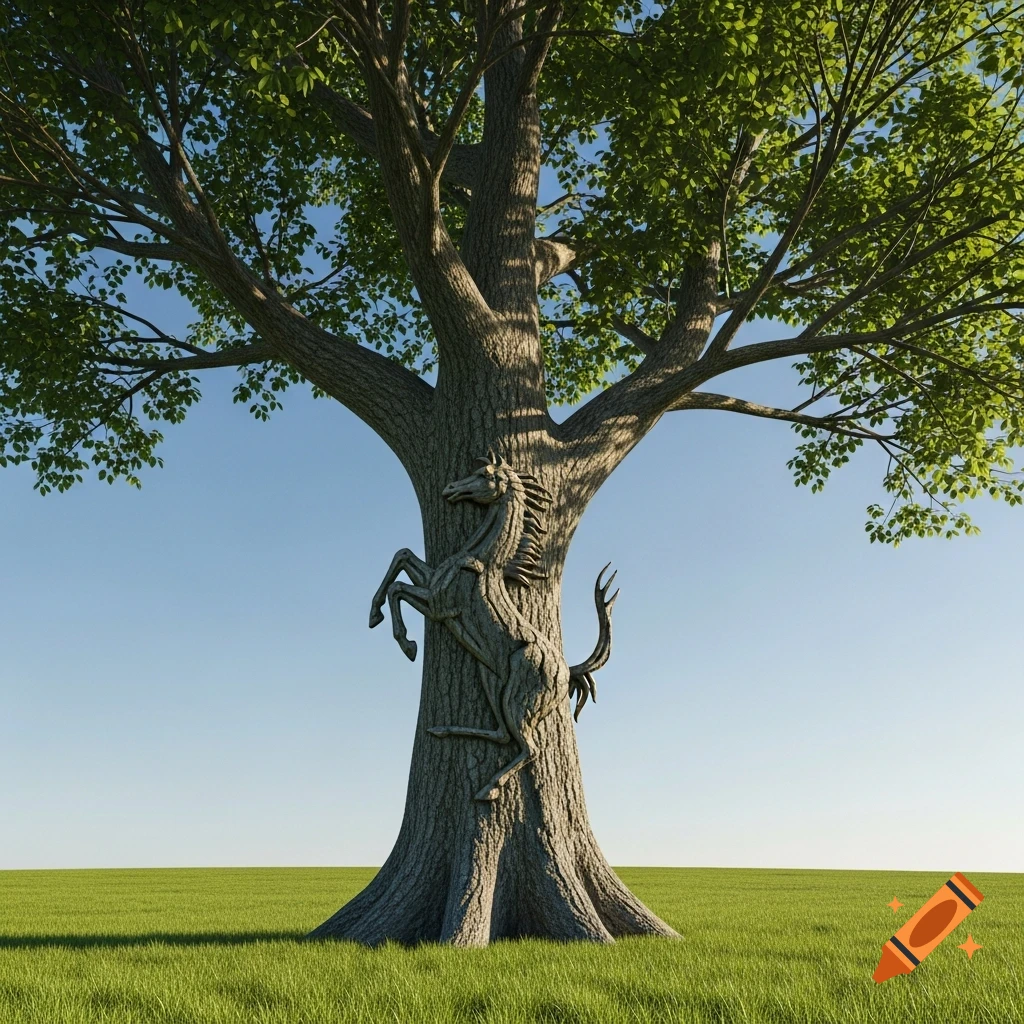 A large tree with a detailed horse figure integrated into its trunk, standing in a green field under a clear blue sky.