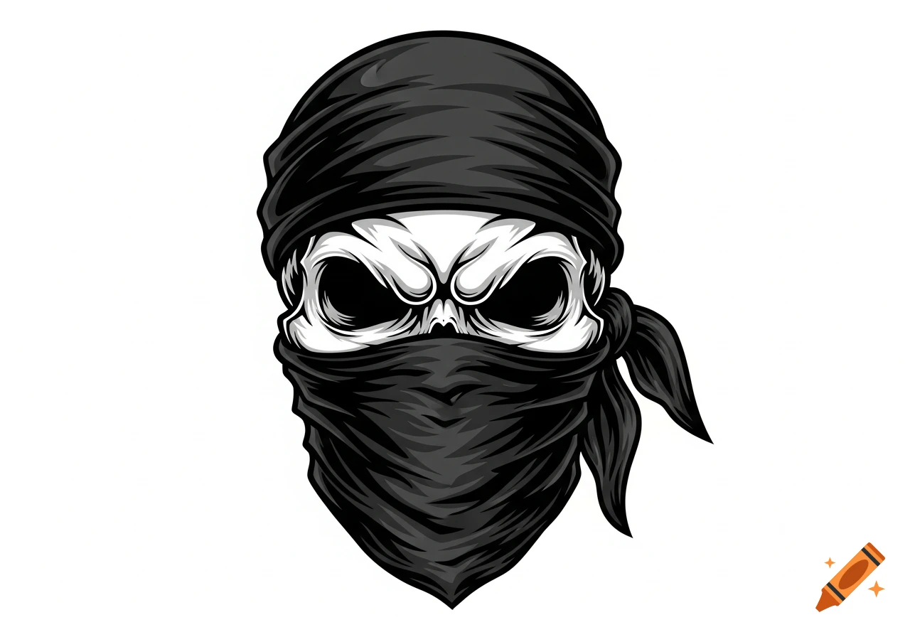 Vector art illustration of a menacing skull wearing a black bandana, rendered in black, white, and grey.
