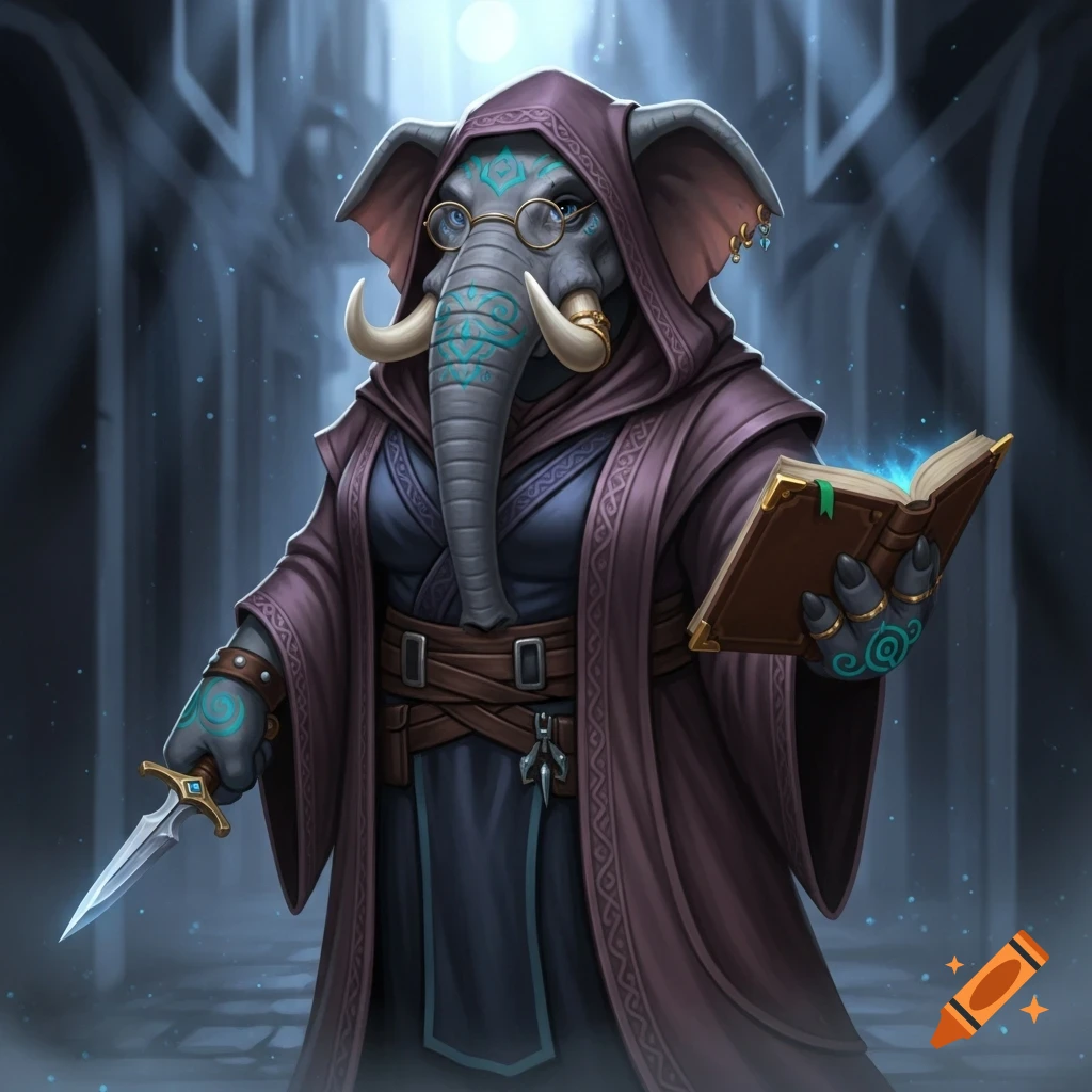 A hooded Loxodon (elephant-like humanoid) wearing glasses holds a glowing magical book and a dagger in a dimly lit mystical hall.