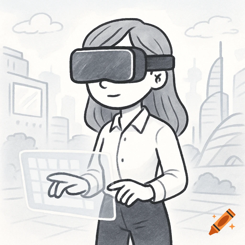 A cartoon woman wearing a VR headset interacts with a transparent virtual screen in a futuristic city, in a simple doodle style.