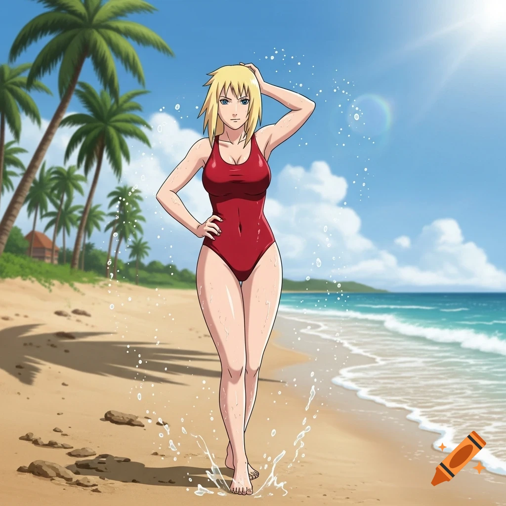 Anime-style woman in a red swimsuit walks on a sunny beach with palm trees and ocean.