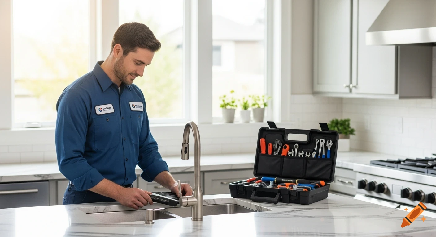 Male plumber in blue uniform working on a modern kitchen sink with a toolbox on the counter, photorealistic.
