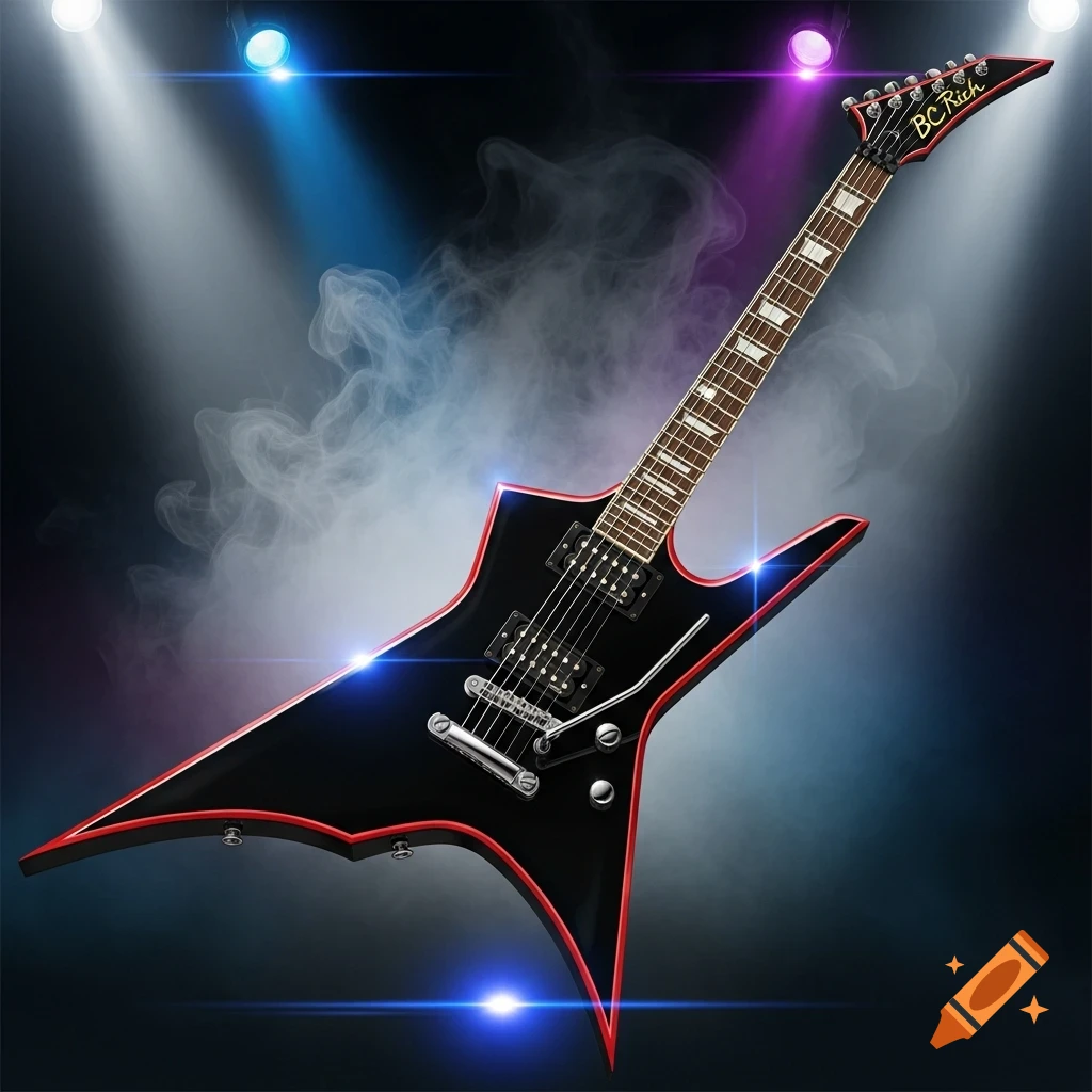 A black BC Rich Warlock electric guitar with red trim, angled with its headstock pointing right and slightly upward, under stage lights and smoke.