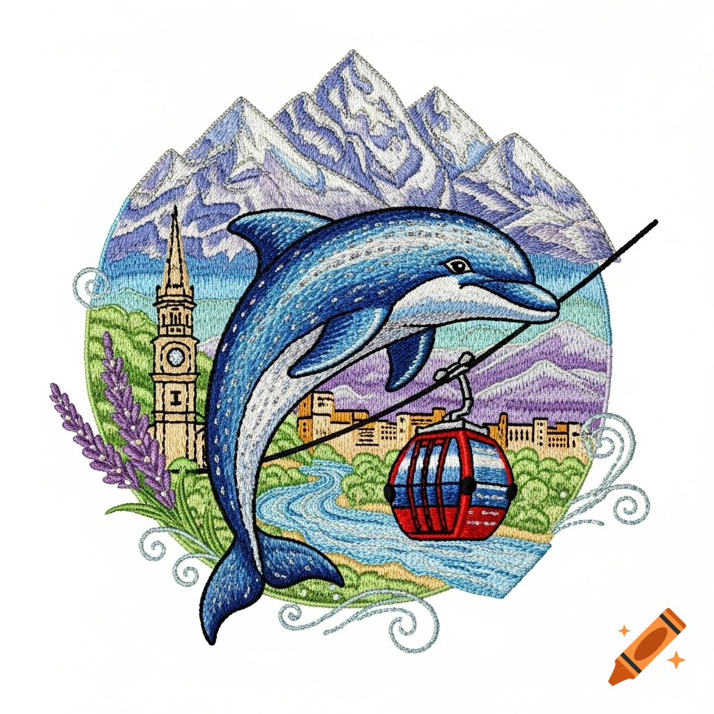 Embroidered patch with a blue dolphin, red gondola, church, river, and purple mountains.