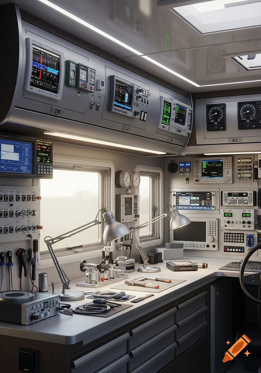 Photorealistic interior of a high-tech calibration laboratory inside a motorhome, with multiple screens, dials, tools, and equipment on a workbench.