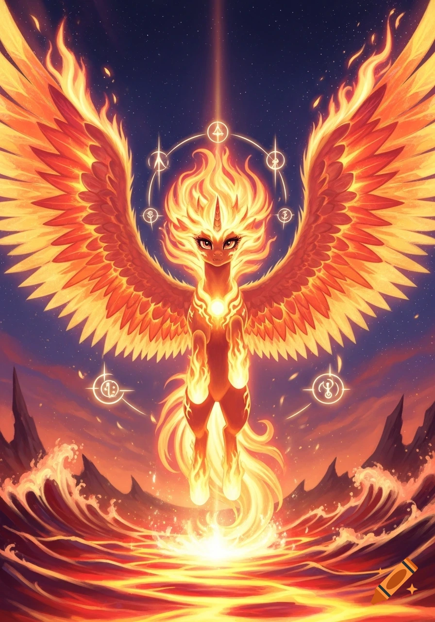 Vibrant fantasy art of Daybreaker, a fiery winged unicorn, hovering above glowing lava-like water under a starry twilight sky.
