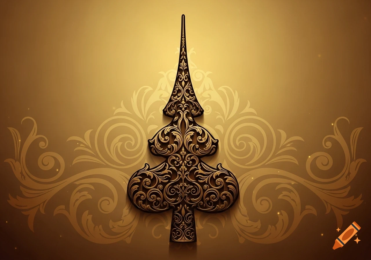 A stylized golden baroque Christmas tree silhouette with intricate scrollwork, set against a shimmering gold background with subtle floral patterns.