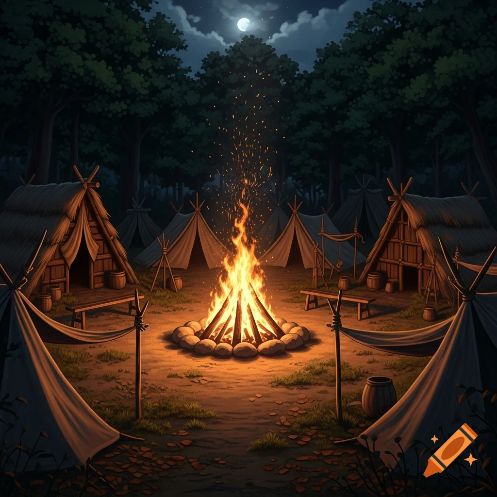 A vibrant bonfire illuminates primitive tents and huts in a dark forest under a full moon.