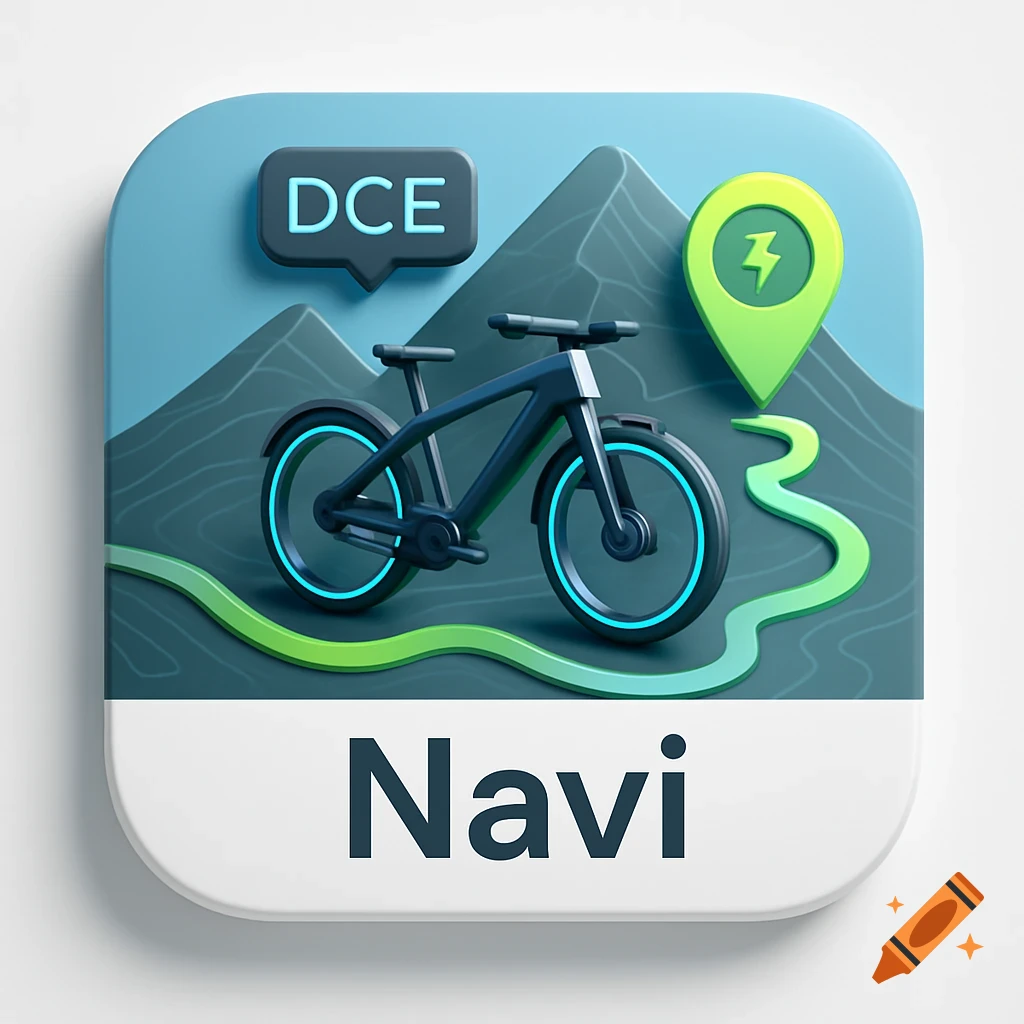 3D app icon featuring a black e-bike on a winding green path through stylized mountains, with 'DCE' in a speech bubble and 'Navi' below.