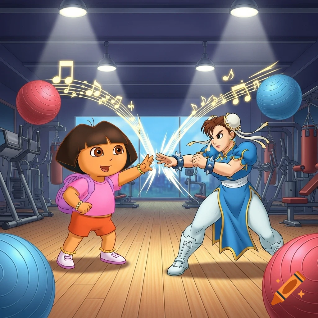 Cartoon image of Dora the Explorer and Chun-Li facing each other in a gym with exercise balls and musical notes.